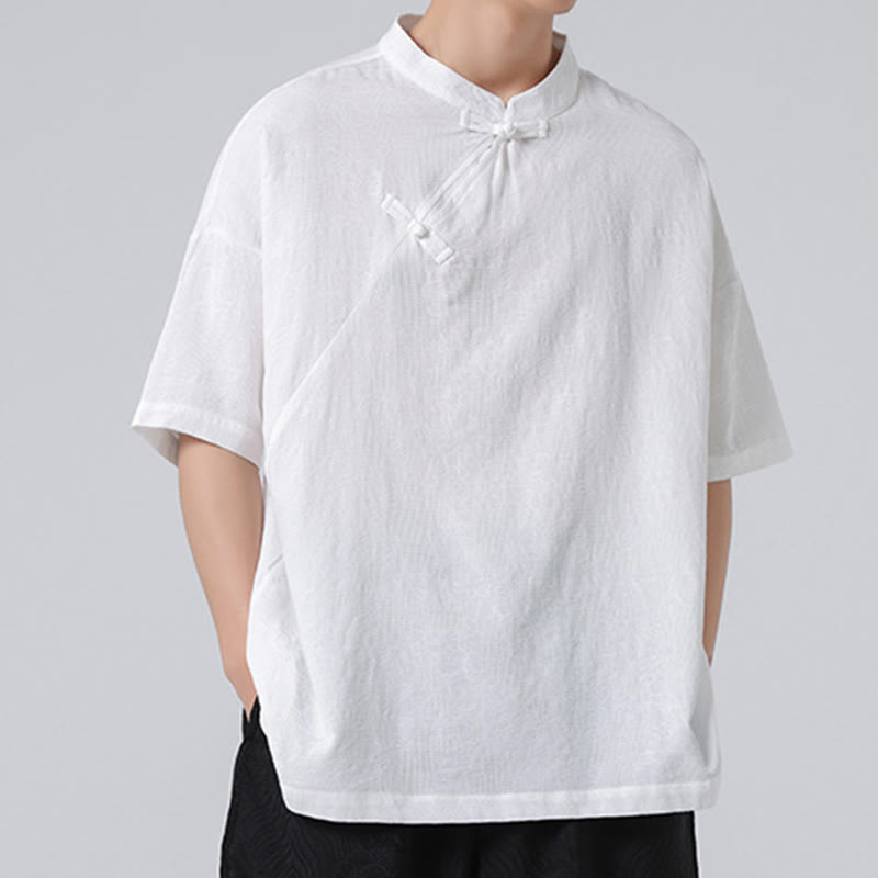 Buddha Stonesレトロ 純色 カエルボタンデザイン ジャカード 花柄 メンズ 半袖 コットンリネン シャツ - image 22