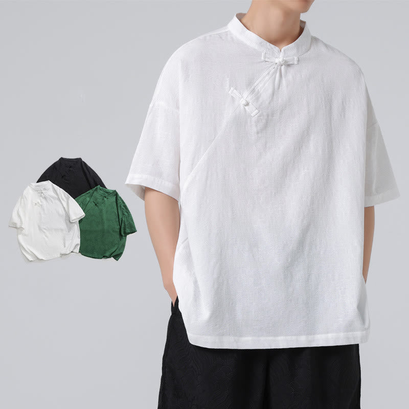 Buddha Stonesレトロ 純色 カエルボタンデザイン ジャカード 花柄 メンズ 半袖 コットンリネン シャツ - image 15