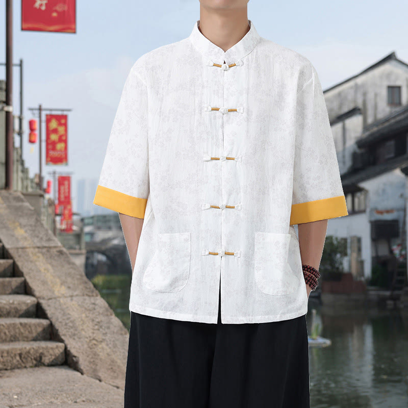 Buddha Stonesレトロプリント花柄カエルボタンデザインスタンドカラーメンズ半袖コットンシャツポケット付き - 白 - US/UK/AU46、 EU56 (5XL) - image 7