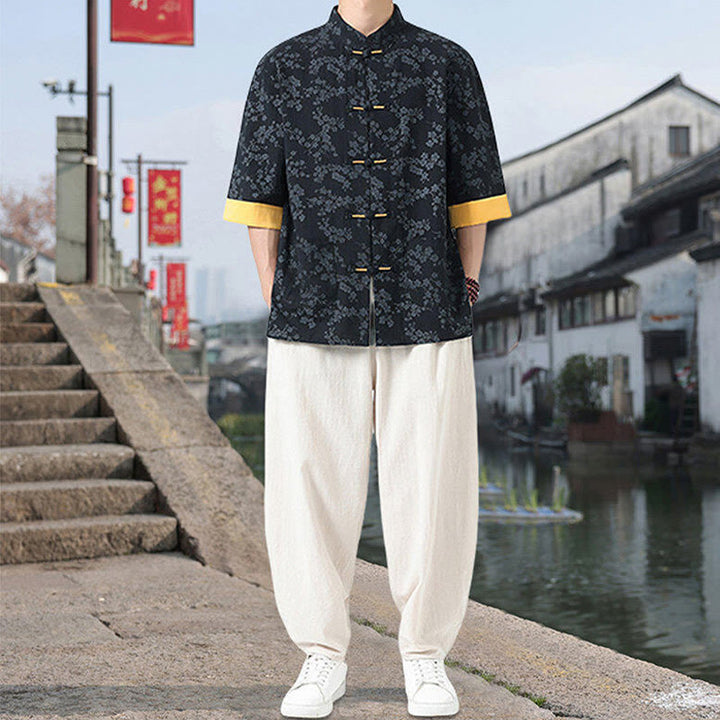 Buddha Stonesレトロプリント花柄カエルボタンデザインスタンドカラーメンズ半袖コットンシャツポケット付き - image 6