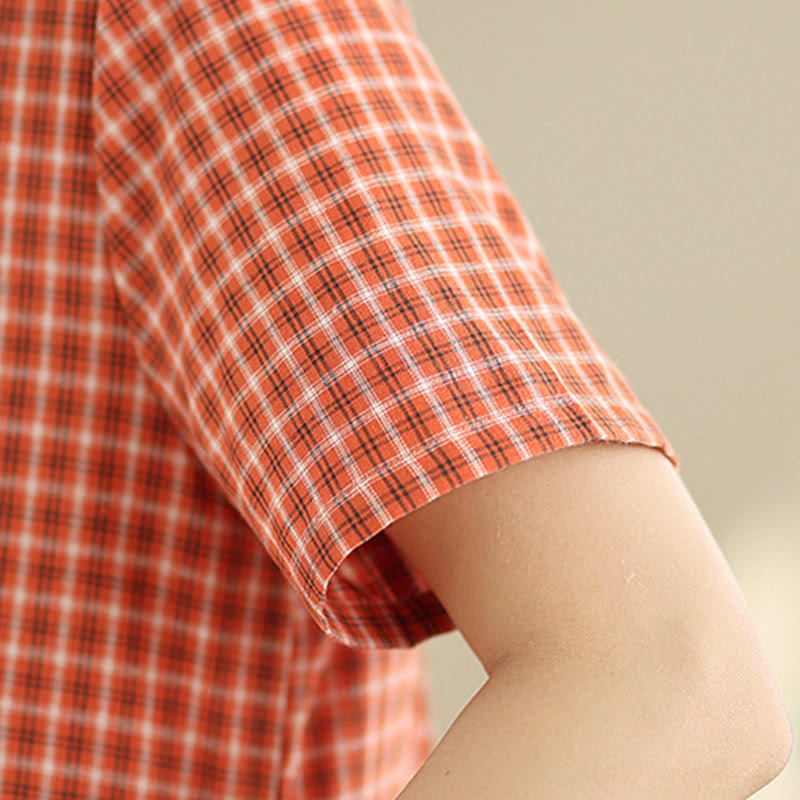 通勤用Buddha Stonesチェック柄シンプルデザインコットンリネン半袖ミディドレス（ポケット付き） - image 8