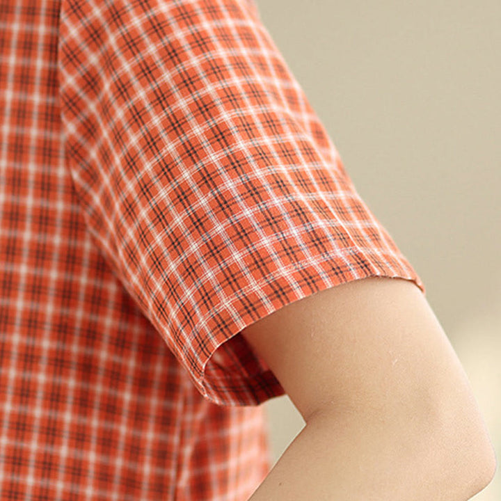 通勤用Buddha Stonesチェック柄シンプルデザインコットンリネン半袖ミディドレス（ポケット付き） - image 8