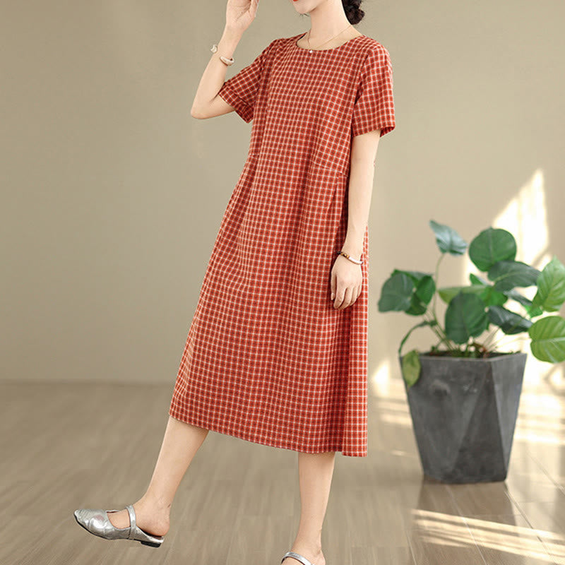 通勤用Buddha Stonesチェック柄シンプルデザインコットンリネン半袖ミディドレス（ポケット付き）