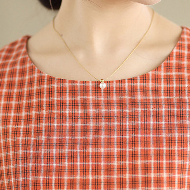 通勤用Buddha Stonesチェック柄シンプルデザインコットンリネン半袖ミディドレス（ポケット付き） - image 7