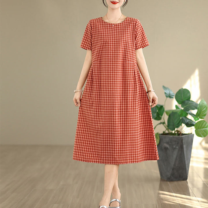 通勤用Buddha Stonesチェック柄シンプルデザインコットンリネン半袖ミディドレス（ポケット付き）