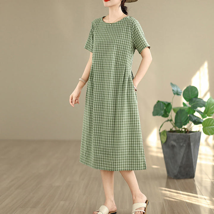 通勤用Buddha Stonesチェック柄シンプルデザインコットンリネン半袖ミディドレス（ポケット付き）