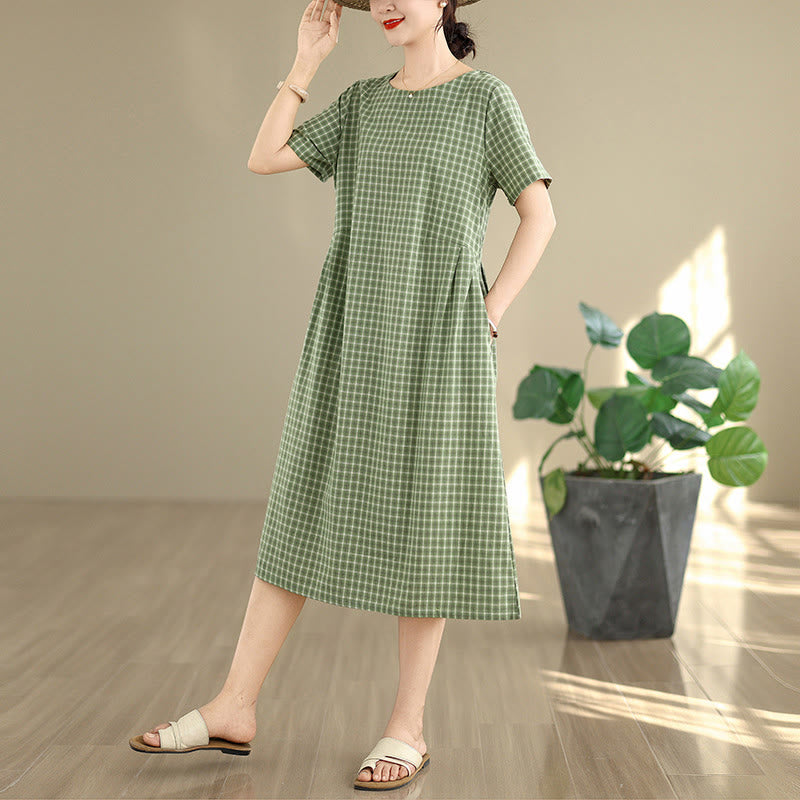 通勤用Buddha Stonesチェック柄シンプルデザインコットンリネン半袖ミディドレス（ポケット付き）