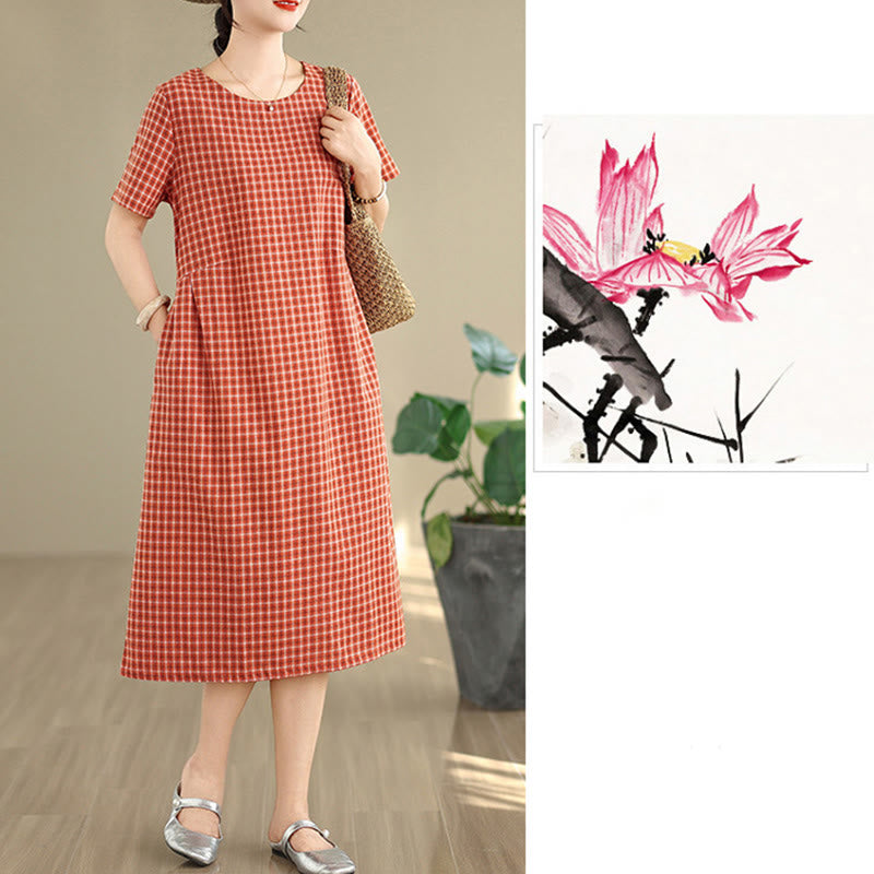 通勤用Buddha Stonesチェック柄シンプルデザインコットンリネン半袖ミディドレス（ポケット付き）