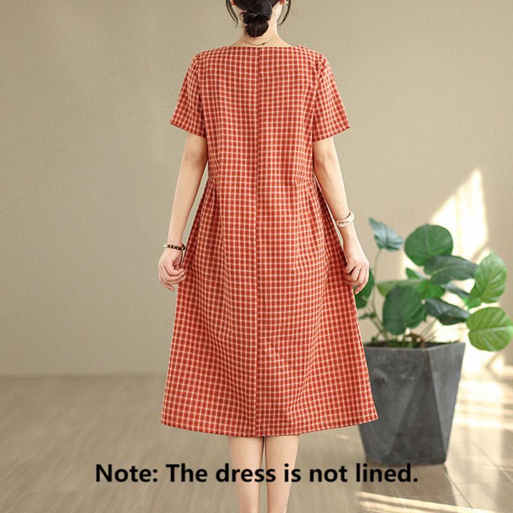 通勤用Buddha Stonesチェック柄シンプルデザインコットンリネン半袖ミディドレス（ポケット付き） - image 1