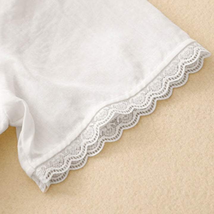 Buddha Stones通勤用刺繍プリーツボタンドローストリングデザインコットンリネンフリル半袖ミディドレス - image 7