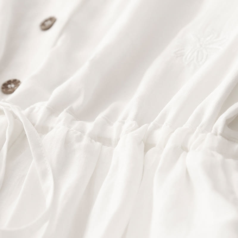 Buddha Stones通勤用刺繍プリーツボタンドローストリングデザインコットンリネンフリル半袖ミディドレス - image 5