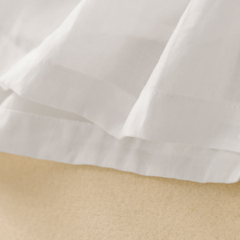 Buddha Stones通勤用刺繍プリーツボタンドローストリングデザインコットンリネンフリル半袖ミディドレス - image 11