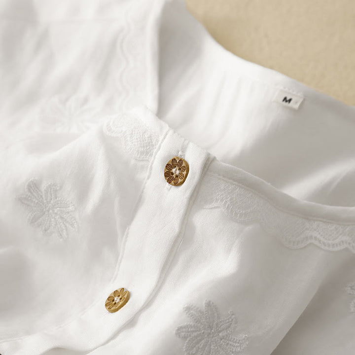 Buddha Stones通勤用刺繍プリーツボタンドローストリングデザインコットンリネンフリル半袖ミディドレス - image 4