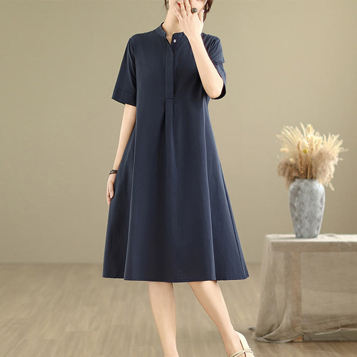 Buddha Stones通勤用チェック柄シンプルデザインコットン半袖ミディドレス（ポケット付き） - ミッドナイトブルー - US8-10，UK/AU12-14，EU40-42 (2XL) - image 0