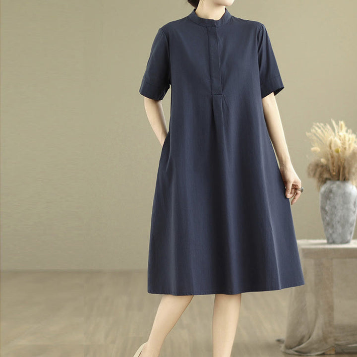 Buddha Stones通勤用チェック柄シンプルデザインコットン半袖ミディドレス（ポケット付き） - image 4