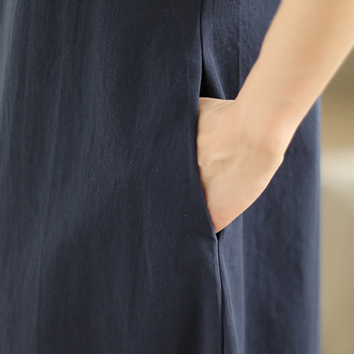 Buddha Stones通勤用チェック柄シンプルデザインコットン半袖ミディドレス（ポケット付き） - image 8