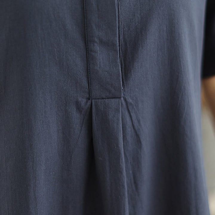 Buddha Stones通勤用チェック柄シンプルデザインコットン半袖ミディドレス（ポケット付き） - image 9