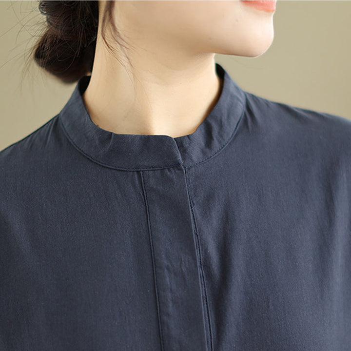 Buddha Stones通勤用チェック柄シンプルデザインコットン半袖ミディドレス（ポケット付き） - image 6