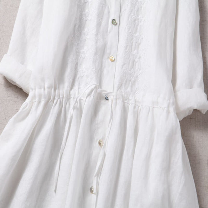 Buddha Stonesの秋のヴィンテージ刺繍ボタンドローストリングデザインコットンリネン長袖ミディドレス（ポケット付き） - image 15