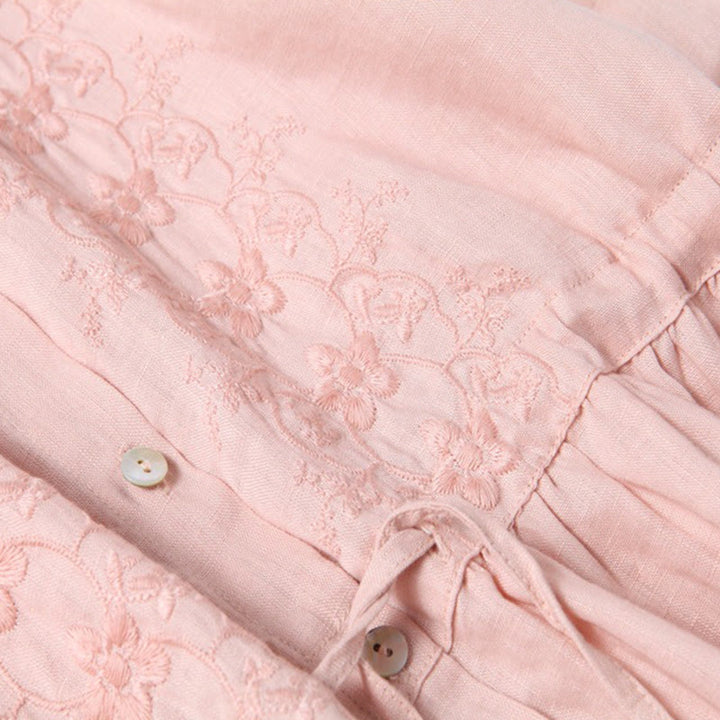 Buddha Stonesの秋のヴィンテージ刺繍ボタンドローストリングデザインコットンリネン長袖ミディドレス（ポケット付き） - image 10