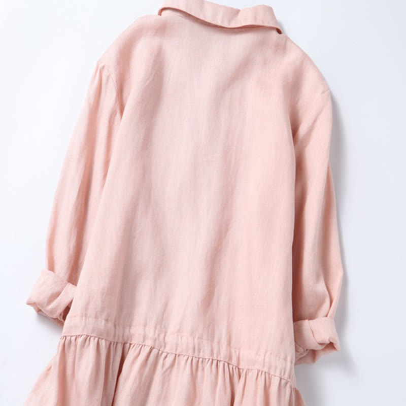 Buddha Stonesの秋のヴィンテージ刺繍ボタンドローストリングデザインコットンリネン長袖ミディドレス（ポケット付き） - image 6