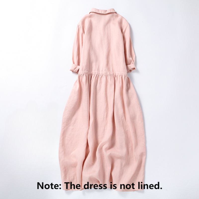 Buddha Stonesの秋のヴィンテージ刺繍ボタンドローストリングデザインコットンリネン長袖ミディドレス（ポケット付き） - image 1