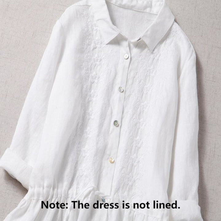 Buddha Stonesの秋のヴィンテージ刺繍ボタンドローストリングデザインコットンリネン長袖ミディドレス（ポケット付き） - image 14