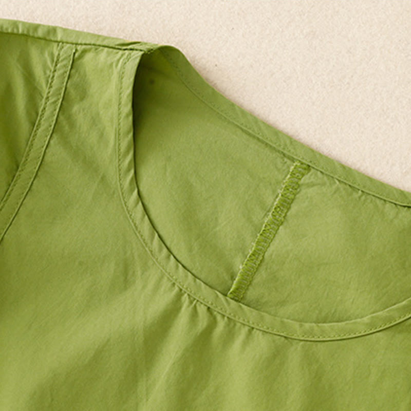 Buddha Stonesヴィンテージ レースアップ シンプルデザイン コットンリネン 七分丈パフスリーブ ミディドレス ポケット付き - image 2