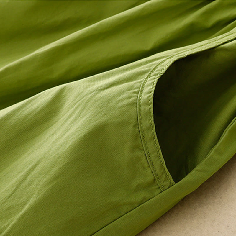 Buddha Stonesヴィンテージ レースアップ シンプルデザイン コットンリネン 七分丈パフスリーブ ミディドレス ポケット付き - image 3