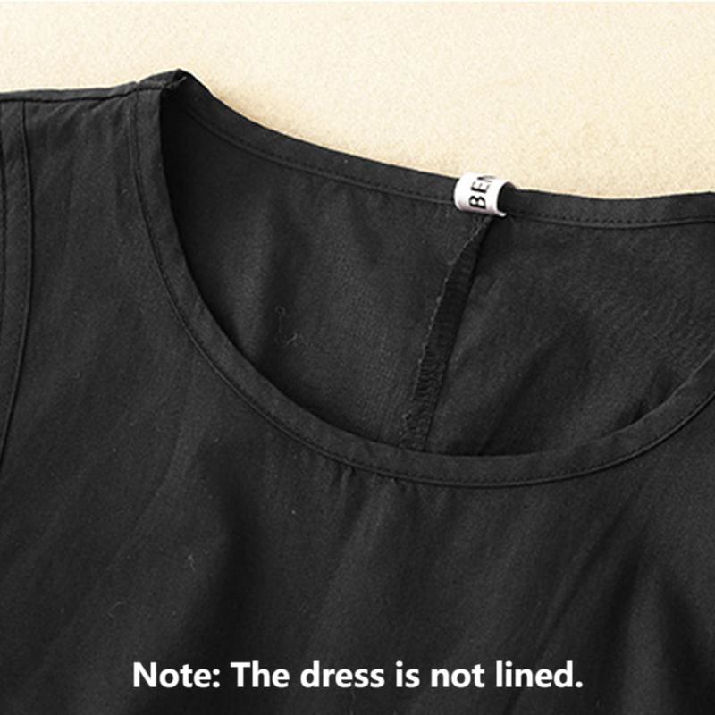 Buddha Stonesヴィンテージ レースアップ シンプルデザイン コットンリネン 七分丈パフスリーブ ミディドレス ポケット付き - image 8