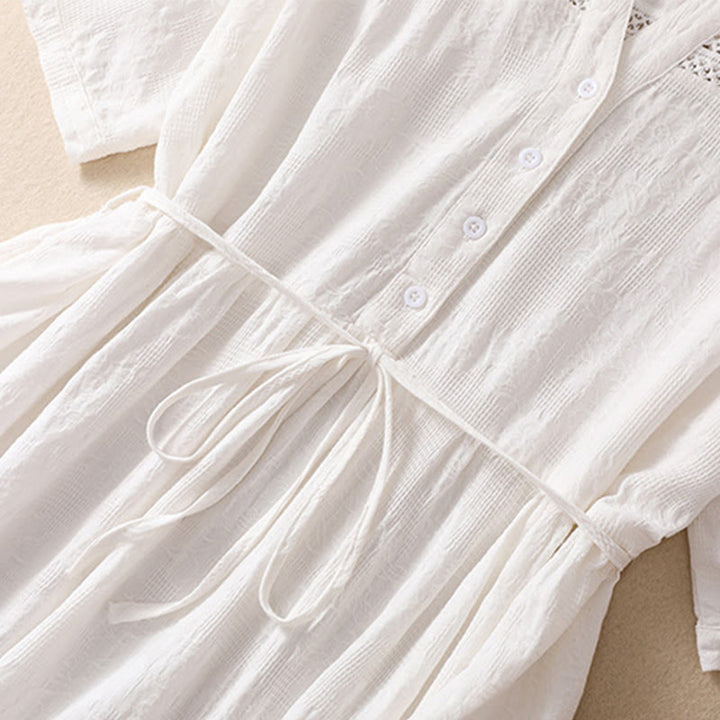 Buddha Stonesサマー 無地 中空 ジャカードデザイン コットン 半袖 ミディドレス ポケット付き - image 5