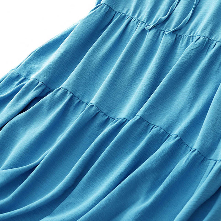 Buddha Stonesカジュアル 無地 ハンドメイド レースアップ ミディドレス コットンリネン ノースリーブ ポケット付き - image 8