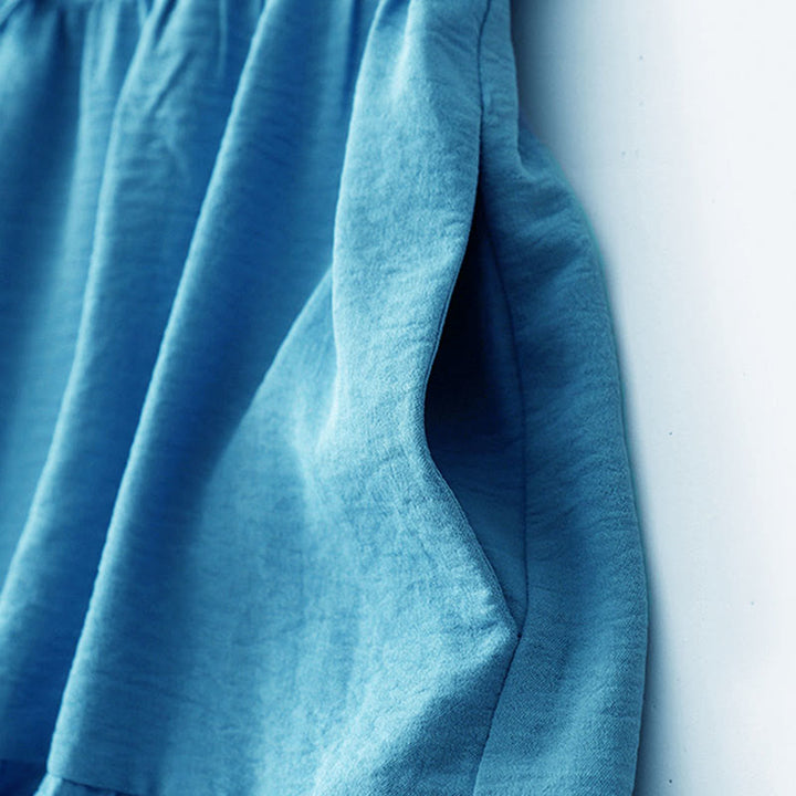 Buddha Stonesカジュアル 無地 ハンドメイド レースアップ ミディドレス コットンリネン ノースリーブ ポケット付き - image 3