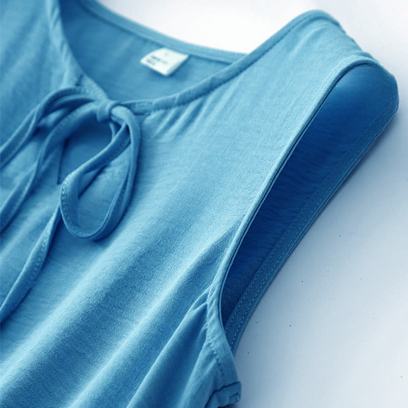 Buddha Stonesカジュアル 無地 ハンドメイド レースアップ ミディドレス コットンリネン ノースリーブ ポケット付き - image 7