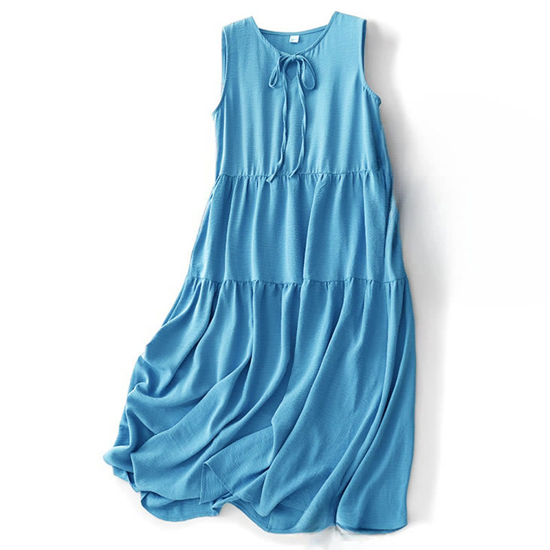 Buddha Stonesカジュアル 無地 ハンドメイド レースアップ ミディドレス コットンリネン ノースリーブ ポケット付き - スティールブルー - US8-10，UK/AU12-14，EU40-42 (2XL) - image 0