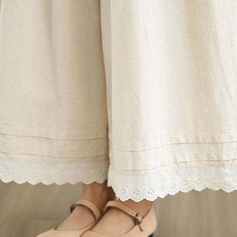 Buddha Stones通勤用 シンプル レースデザイン 7-8丈 レディース ワイドレッグ コットンリネン パンツ ポケット付き - image 10