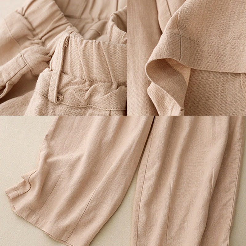 Buddha Stones通勤用ヴィンテージ無地レディースワイドレッグコットンパンツ（ポケット付き） - image 8