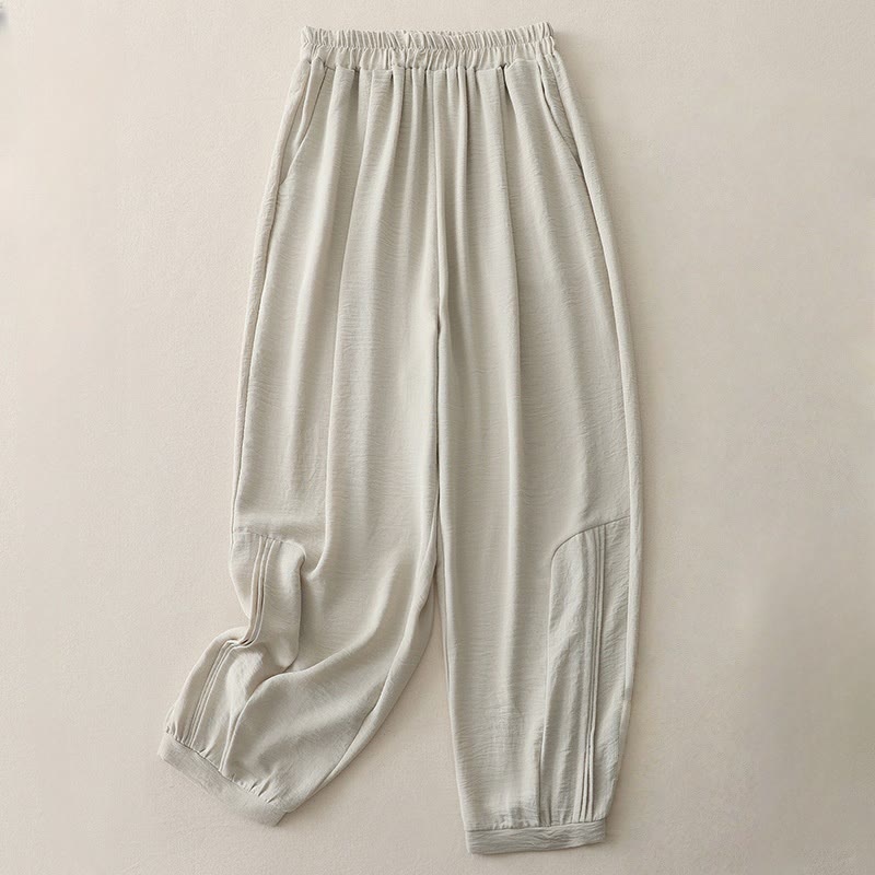 Buddha Stones夏通勤 無地プリーツデザイン 7-8丈 レディース ハーレム コットンリネン パンツ ポケット付き - リネン - US8-10，UK/AU12-14，EU40-42 (2XL) - image 2
