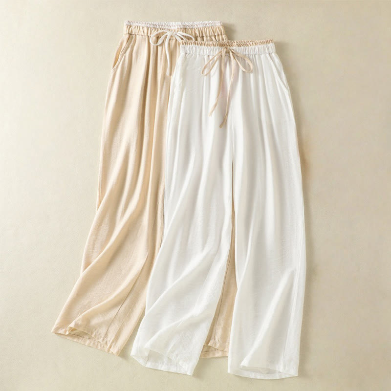 Buddha Stonesヴィンテージ カジュアル ピュアカラー ドローストリング アンクル丈 レディース コットンリネン パンツ ポケット付き - image 15