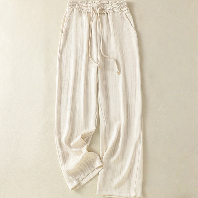 Buddha Stonesの芸術的なカジュアルな縦線模様のドローストリングアンクル丈レディースパンツ（ポケット付き） - ベージュ - US8-10，UK/AU12-14，EU40-42 (2XL) - image 0