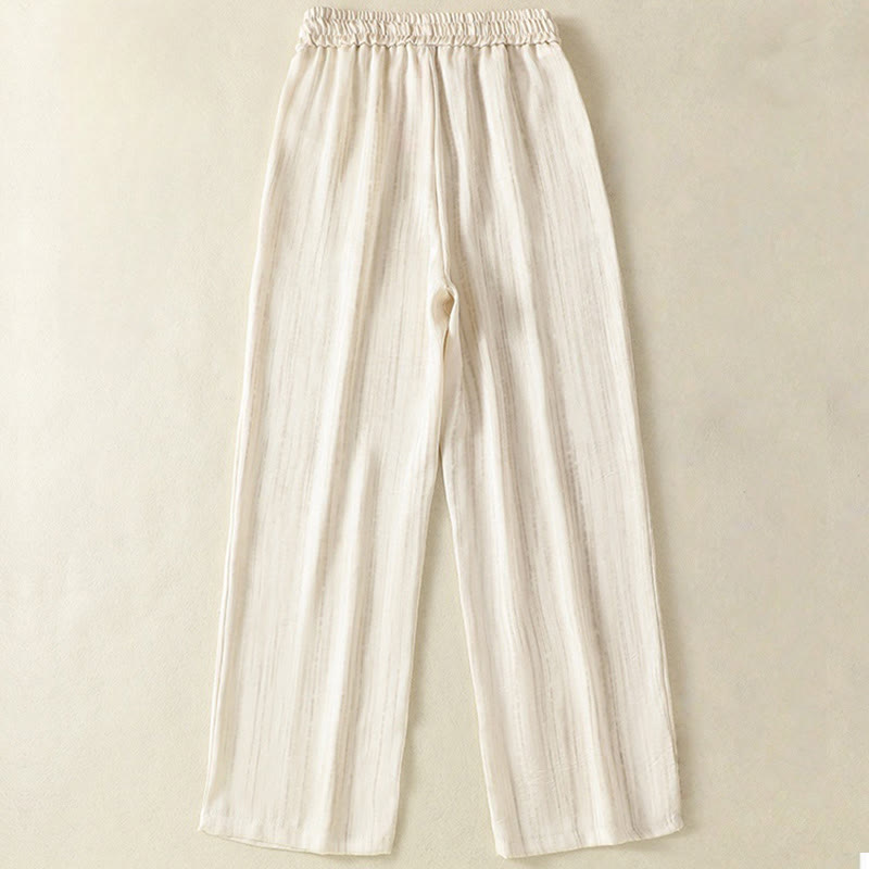 Buddha Stonesの芸術的なカジュアルな縦線模様のドローストリングアンクル丈レディースパンツ（ポケット付き） - image 1