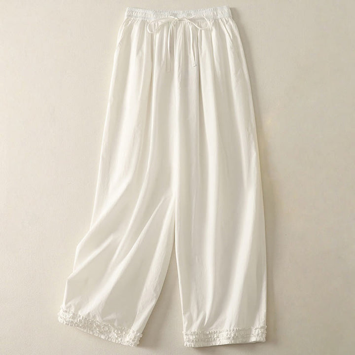 Buddha Stonesカジュアル フリル裾 パッチワークデザイン ドローストリング アンクル丈 レディース コットンパンツ ポケット付き - 白 - US12、 UK/AU16、 EU44 (2XL) - image 5