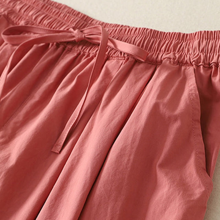 Buddha Stonesカジュアル フリル裾 パッチワークデザイン ドローストリング アンクル丈 レディース コットンパンツ ポケット付き - image 2