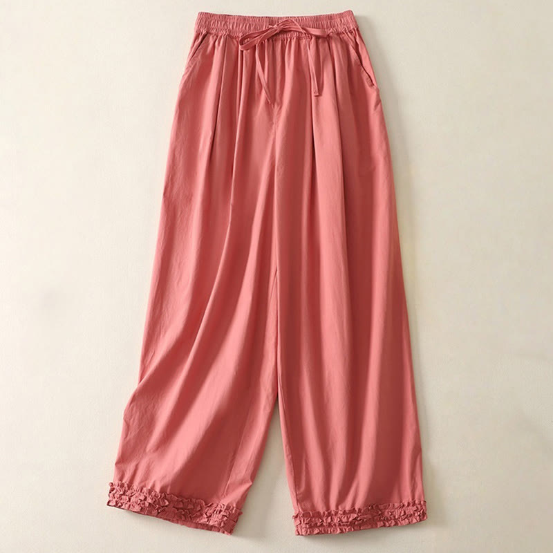 Buddha Stonesカジュアル フリル裾 パッチワークデザイン ドローストリング アンクル丈 レディース コットンパンツ ポケット付き - トマト - US12、 UK/AU16、 EU44 (2XL) - image 0