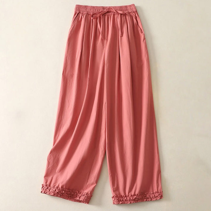 Buddha Stonesカジュアル フリル裾 パッチワークデザイン ドローストリング アンクル丈 レディース コットンパンツ ポケット付き - トマト - US12、 UK/AU16、 EU44 (2XL) - image 0