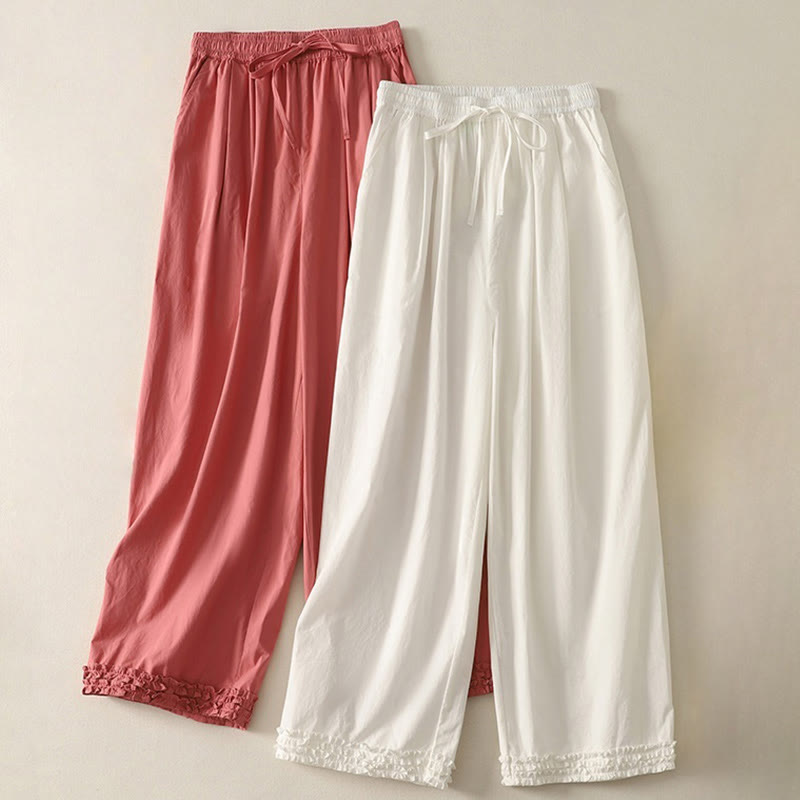 Buddha Stonesカジュアル フリル裾 パッチワークデザイン ドローストリング アンクル丈 レディース コットンパンツ ポケット付き - image 14