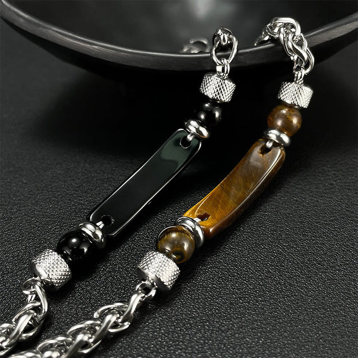 Buddha Stonesタイガーアイ ブラックオブシディアン チタン鋼 強度バックルブレスレット
