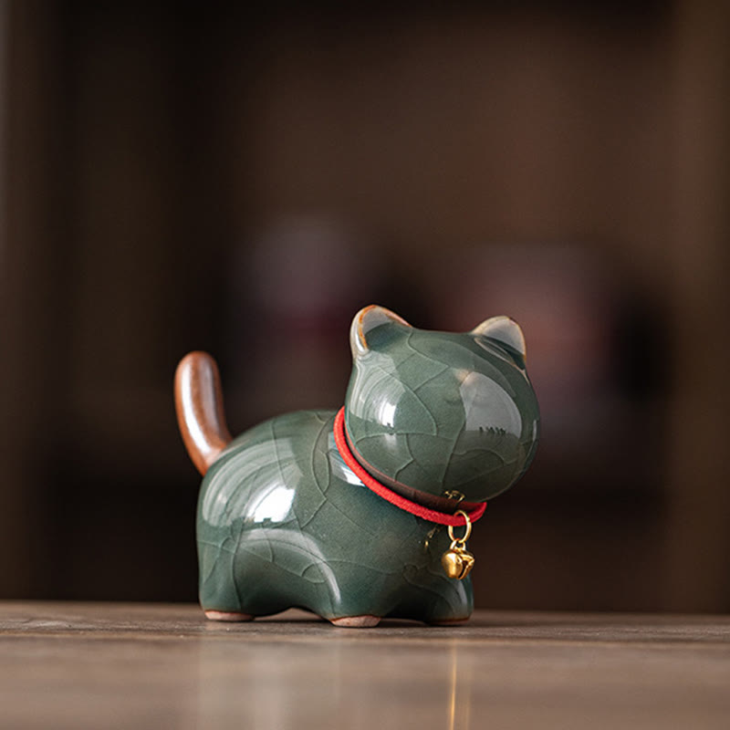 Buddha Stonesミニラッキーキュートスタンディングキャットレッドロープベルセラミックフィギュア装飾 - グリーン(7.6×3.9×5.6cm) - image 14