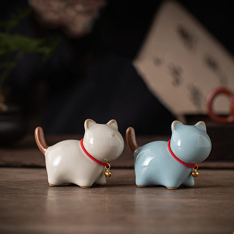 Buddha Stonesミニラッキーキュートスタンディングキャットレッドロープベルセラミックフィギュア装飾 - image 1