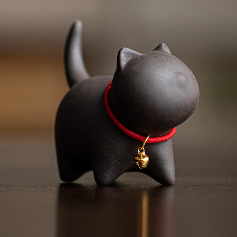 Buddha Stonesミニラブリーレッドロープベルキャットティーペットパープル粘土置物デスクデコレーション - 黒猫（6.7×5.0×5.7cm） - image 8